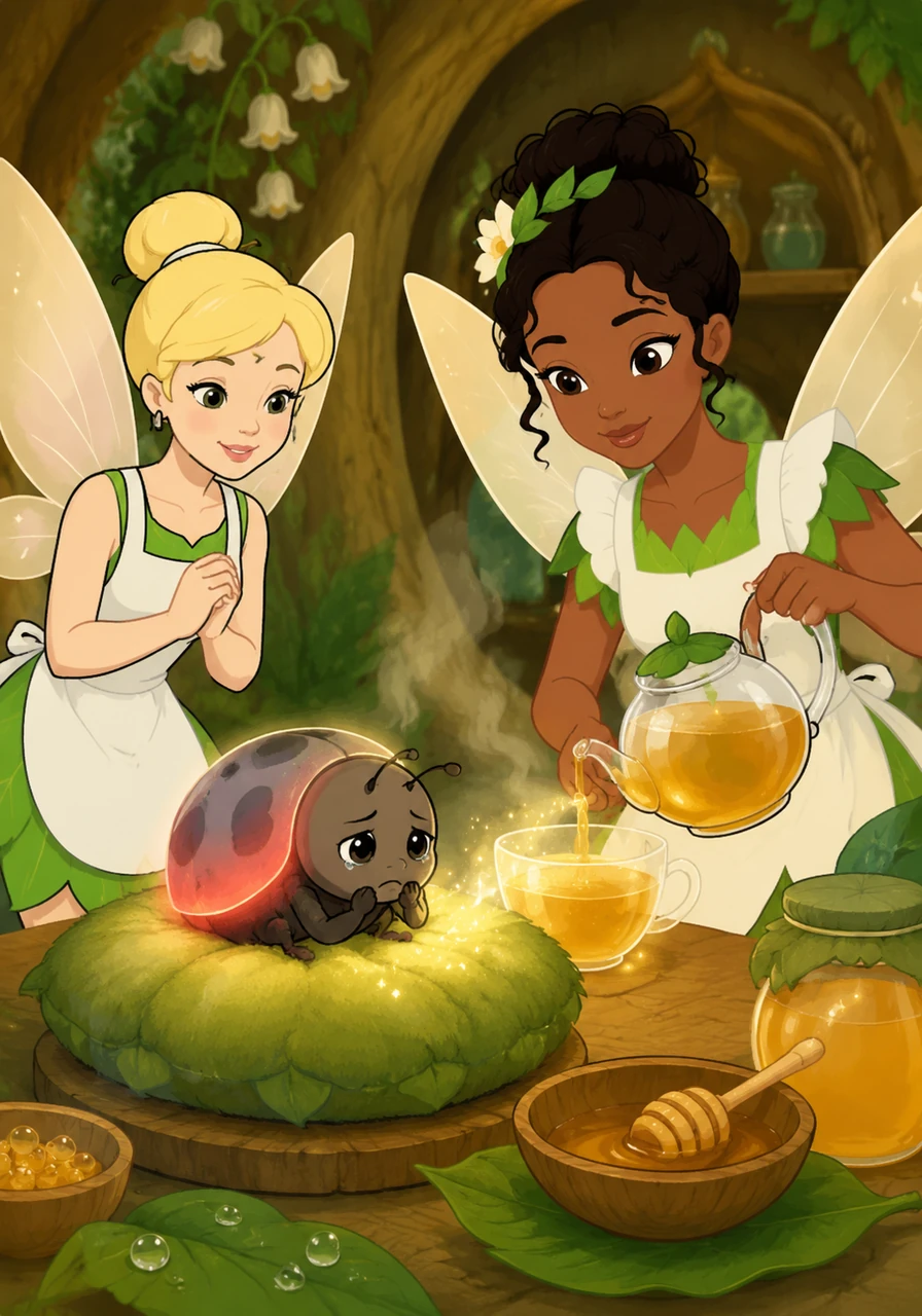 A ladybug sits sadly on a mossy cushion, having lost her vibrant red color to a sudden forest chill. Tiana brews a steaming cup of sun-dew tea and honey, watching as the warmth brings the bright red glow back to the ladybug's shell.
