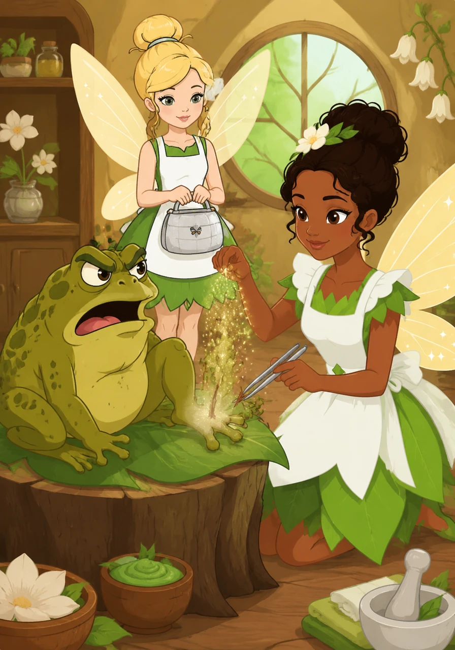 A large, grumpy toad hops into the clinic with a sharp wooden splinter stuck in his foot. Tiana sprinkles a pinch of numbing fairy dust over the area before gently removing the splinter with her silver tweezers, earning a grateful croak.