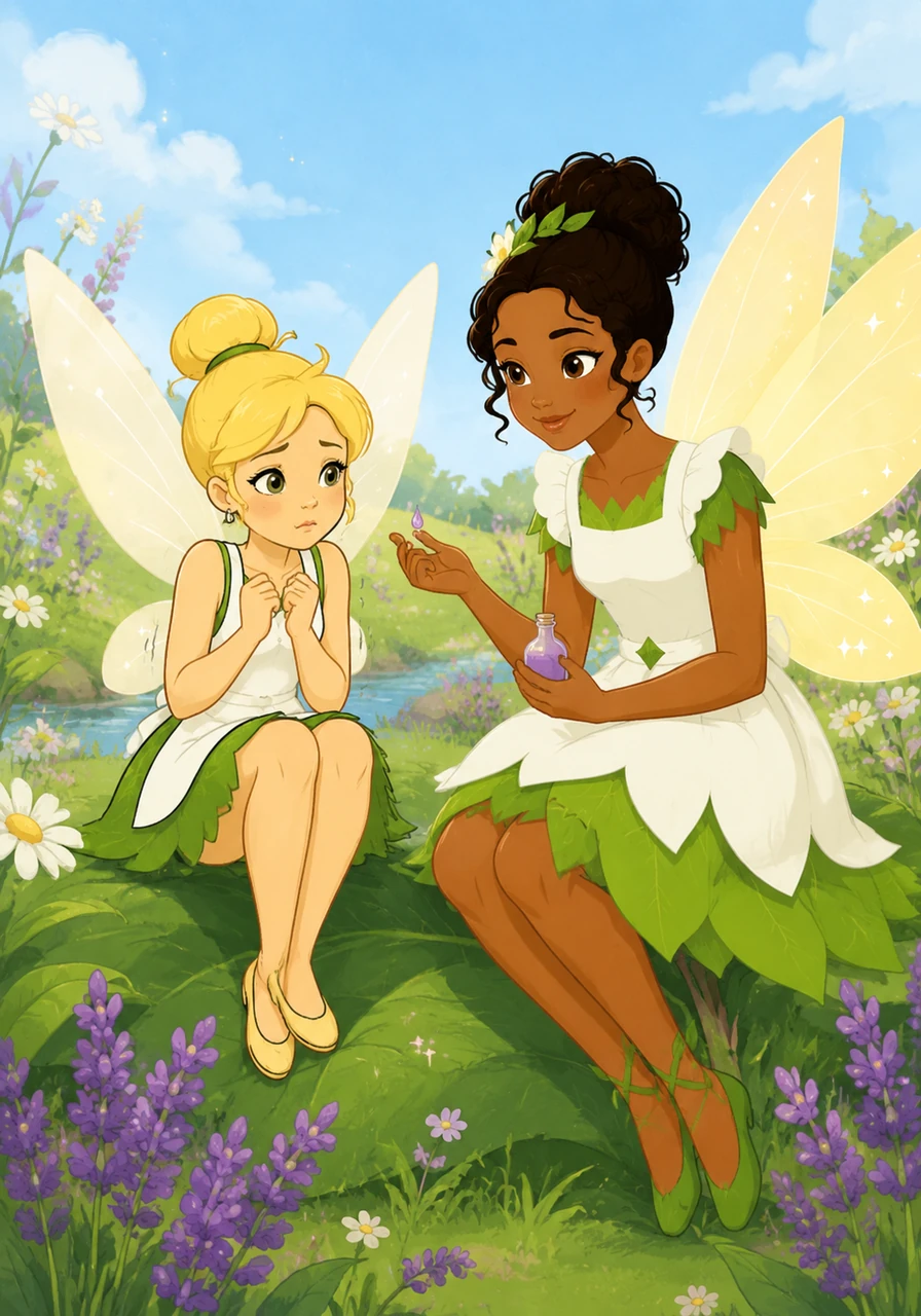 A young butterfly trembles with nerves, afraid to take her very first flight across the meadow. Tiana sits beside her, offering a tiny droplet of calming lavender nectar and sharing stories of her own first flight to build the butterfly's confidence.