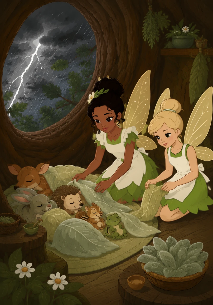 Dark clouds gather and a sudden summer storm lashes against the oak tree clinic. Tiana moves all her patients to the deepest, driest corner of the hollow, tucking them in under soft blankets made of dried lamb's ear leaves.