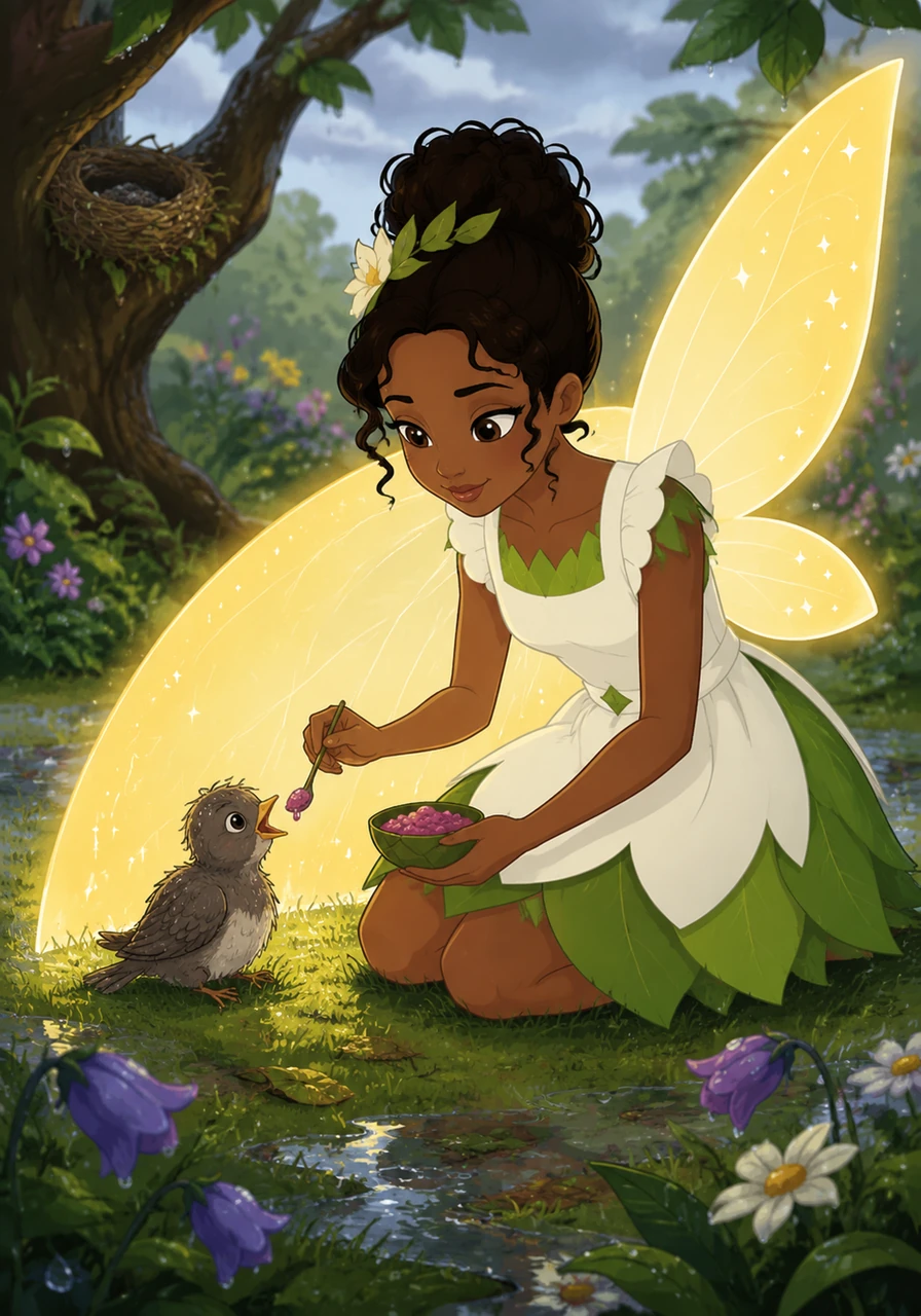 After the rain stops, Tiana finds a tiny baby bird that has fallen from its nest and is shivering in the wet grass. She uses the warm glow of her own wings to provide heat and feeds the hungry chick a nutritious mash of crushed berries.