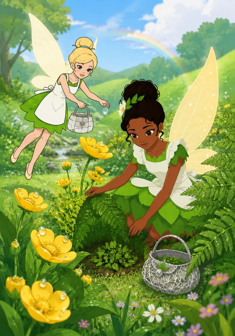 Realizing her medicine cabinet is nearly empty, Tiana flies out into the sparkling, post-storm meadow. She gathers fresh morning dew from buttercups and searches for rare healing herbs hidden under the ferns to restock her supplies.