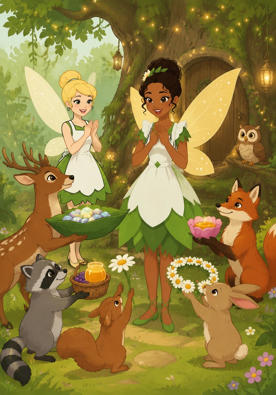 The animals of the forest gather outside the oak tree to surprise Tiana with a celebration of gratitude. They bring her gifts of shimmering pebbles, sweet nectar, and a crown of tiny daisies to thank her for her tireless care.