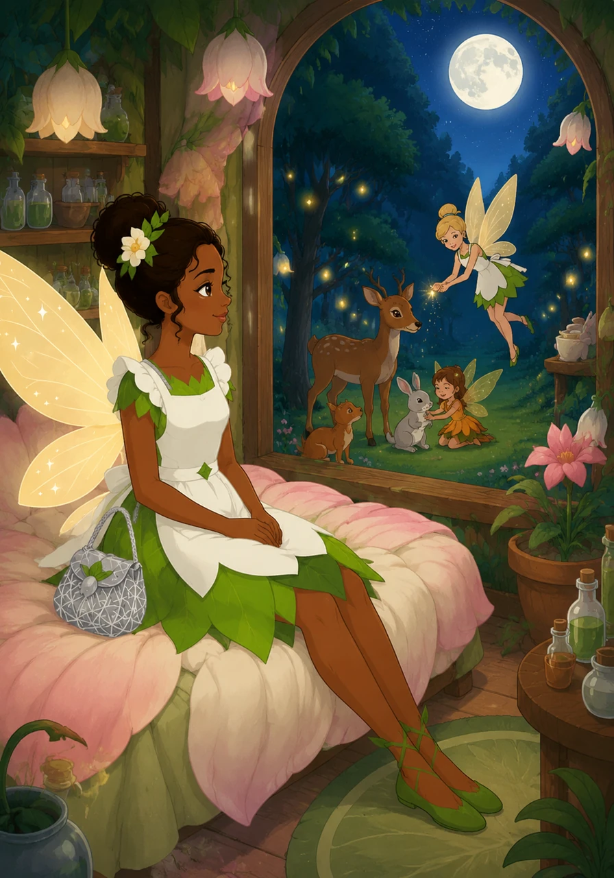 As the moon rises over the enchanted forest, Tiana rests on a soft petal bed inside her quiet clinic. She looks out at her healthy friends and realizes that while she once loved fixing machines, healing lives is the most rewarding magic of all.