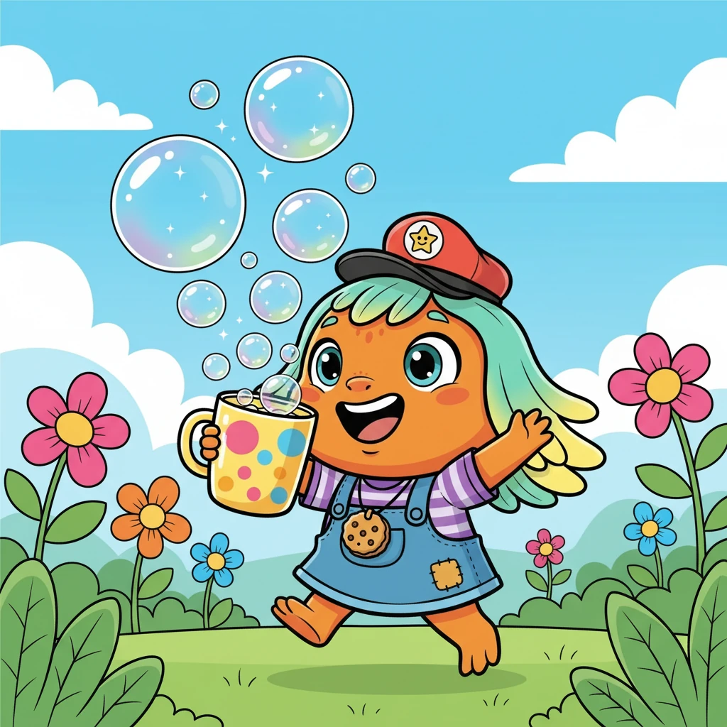 When he takes a sip, he notices bubbles. Big, sparkly bubbles! He giggles with delight and starts to chase them, eager to see where they go.