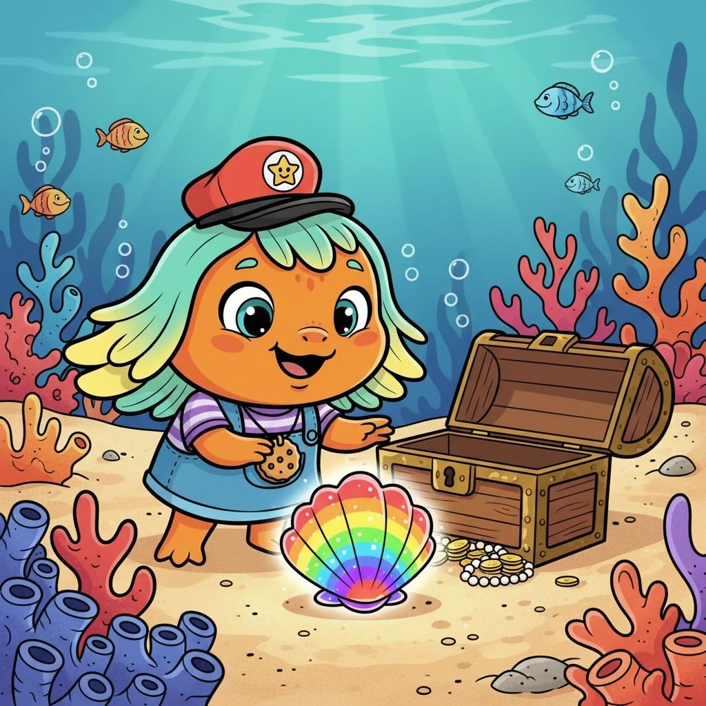 When he looks closer, he spots a shiny shell. It shimmers with all the colors of the rainbow. He decides he needs a treasure chest to keep it in!