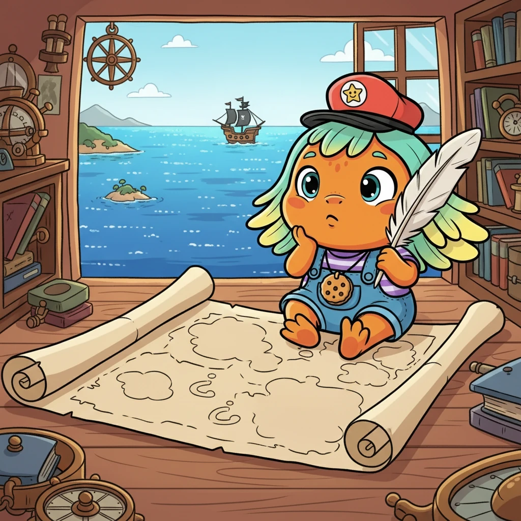 When he starts drawing the map, he realizes he needs to travel farther to fill it in. He looks thoughtful, contemplating how to explore the vast ocean.