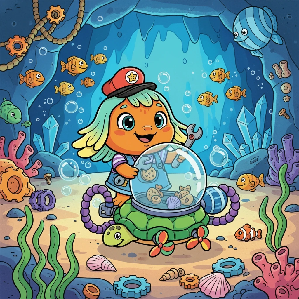 To explore farther, he needs a way to travel safely. He gets busy, gathering materials, clearly building something special for his underwater adventures.