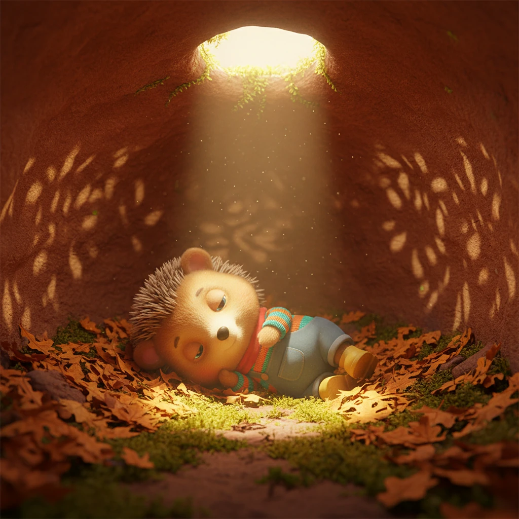 Pip's cozy burrow, illuminated by a soft, warm glow from above, is filled with dried leaves and soft moss. His tiny, button nose twitches as he slowly stirs from a peaceful sleep, his quills gently ruffled. Sunlight filters through a small opening, casting intricate shadow patterns on the earthen walls.