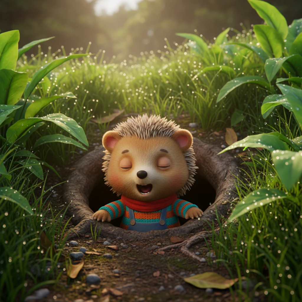 With a stretch and a yawn, Pip cautiously pokes his head out of the burrow entrance into the vibrant morning garden. Dew-kissed leaves sparkle like diamonds, and a gentle breeze rustles the tall grasses. The air smells fresh and earthy, inviting him to explore the world beyond his home.