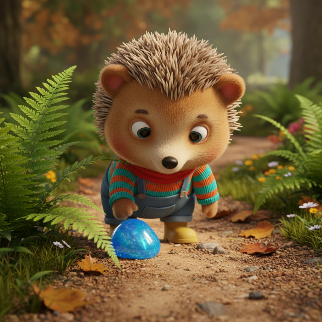 As Pip ambles along a winding path, his keen eyes catch sight of something extraordinary nestled beneath a vibrant fern. It's a perfectly smooth, shimmering blue pebble, unlike anything he has ever seen before. Its surface reflects the dappled sunlight in captivating ways.
