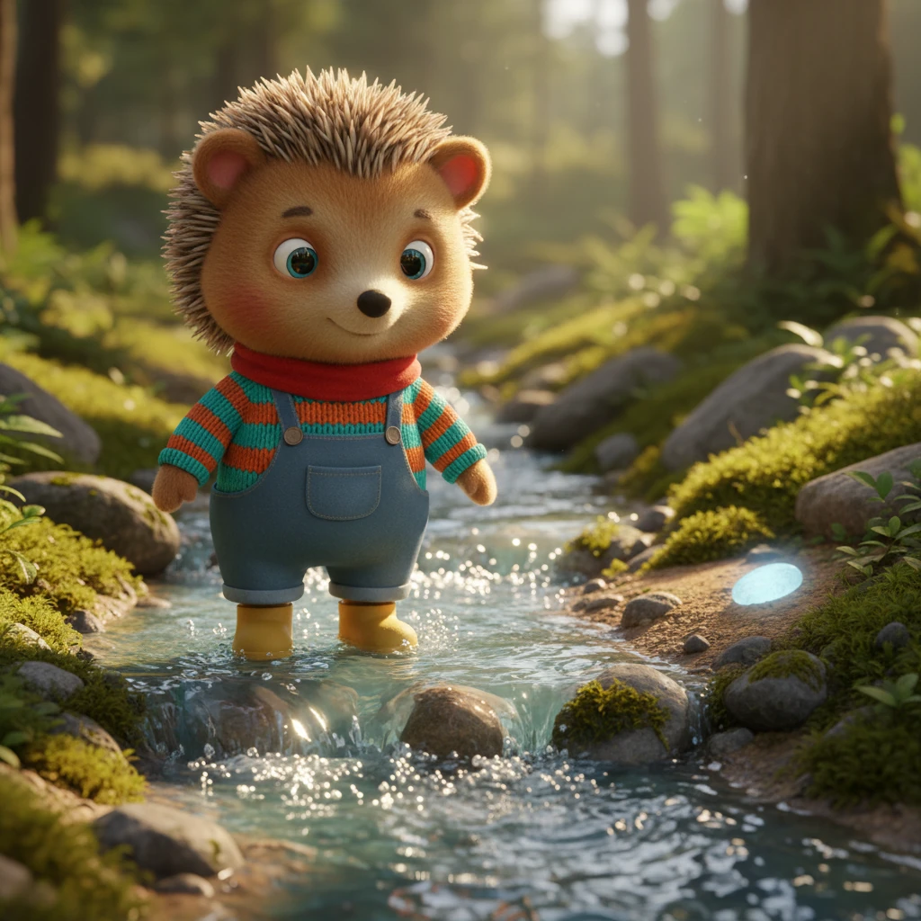A small, gurgling stream, wider than Pip expected, creates a sparkling barrier between him and the mesmerizing pebble. The water flows over mossy stones, creating tiny ripples and soft sounds. Pip pauses, his small paws hesitant at the edge of the cool, clear water.
