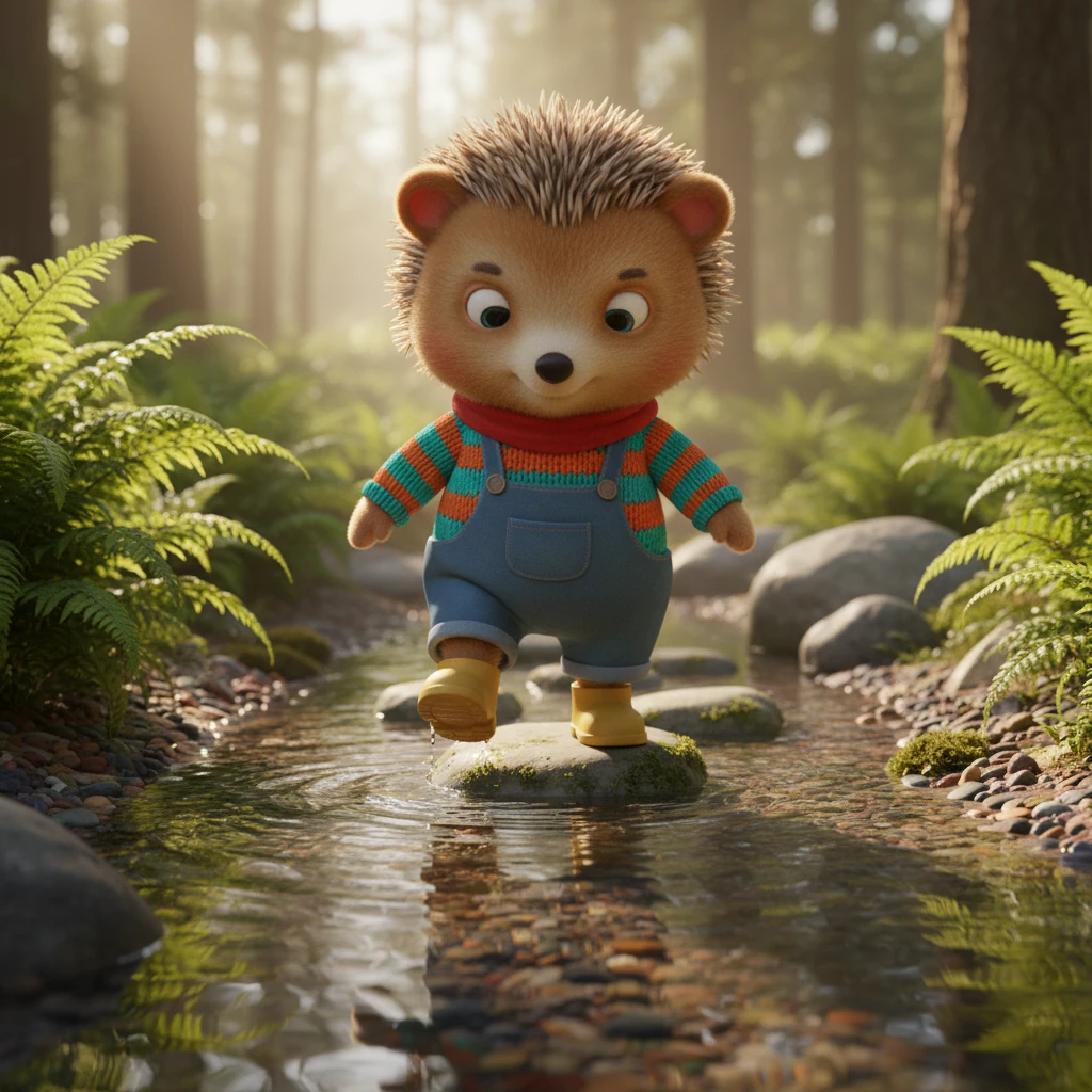 Gathering his courage, Pip carefully dips a paw into the stream, testing its depth. He finds a series of flat, stepping stones just beneath the surface, perfectly spaced for his tiny steps. With determination, he begins his cautious crossing, his reflection dancing on the water.