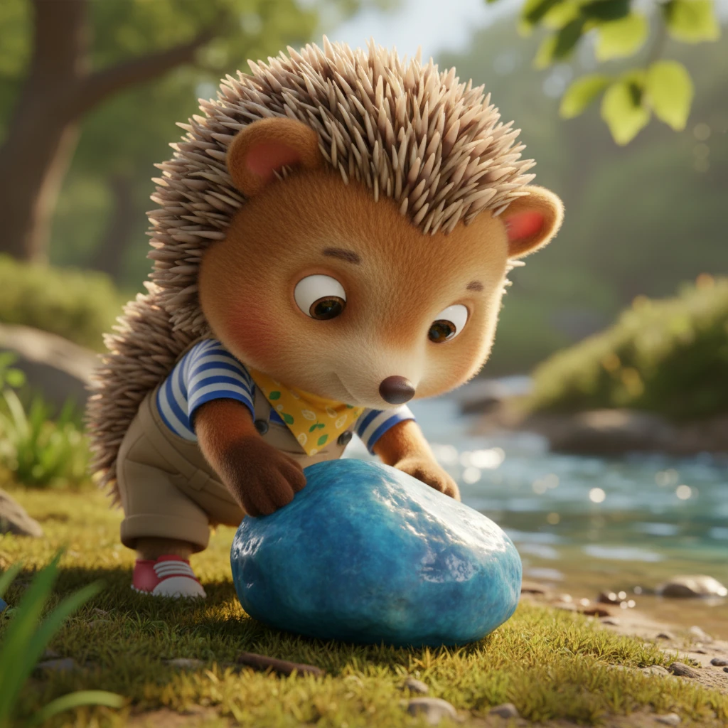 Reaching the other side, Pip nudges the beautiful blue pebble with his nose, marveling at its cool, smooth texture. He gently rolls it over with a paw, examining every facet of its unusual beauty. The pebble feels weighty and precious in his grasp.