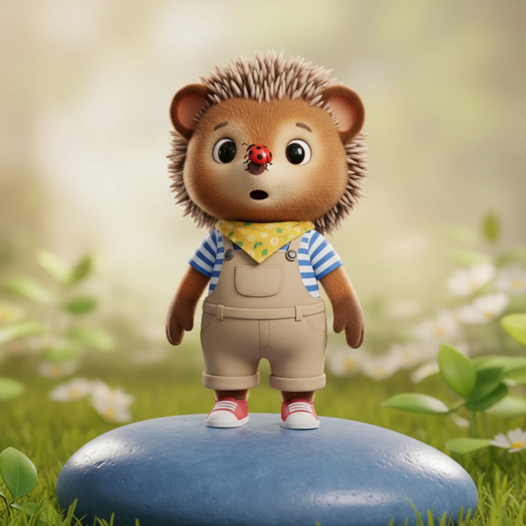 Suddenly, a brilliant red ladybug with perfectly black spots lands softly on the blue pebble. It pauses, then slowly crawls onto Pip's nose, its tiny legs tickling him gently. Pip freezes, eyes wide with surprise and a hint of curiosity.