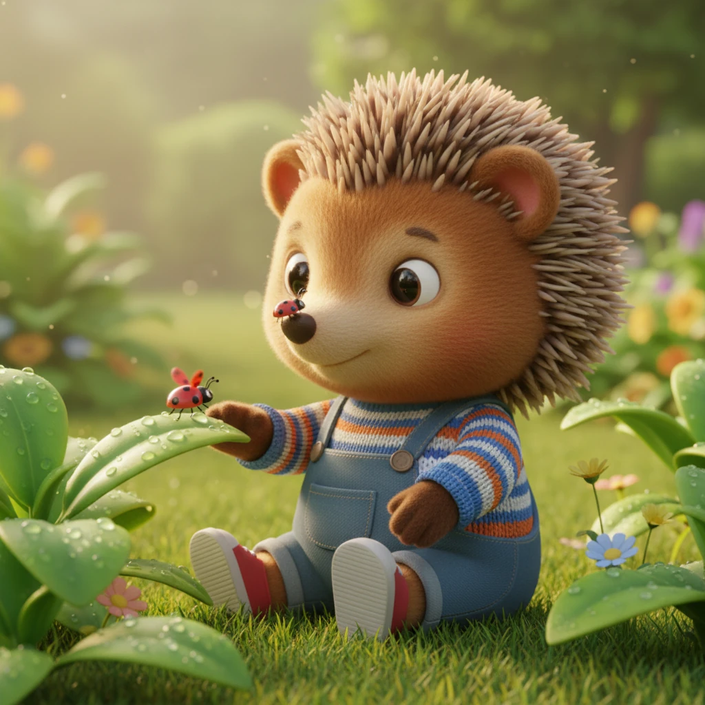 Pip and the ladybug share a silent moment, their tiny forms bathed in the soft morning light, a picture of unexpected friendship. The ladybug gently taps his nose with an antenna before taking flight again, leaving Pip with a feeling of warmth.