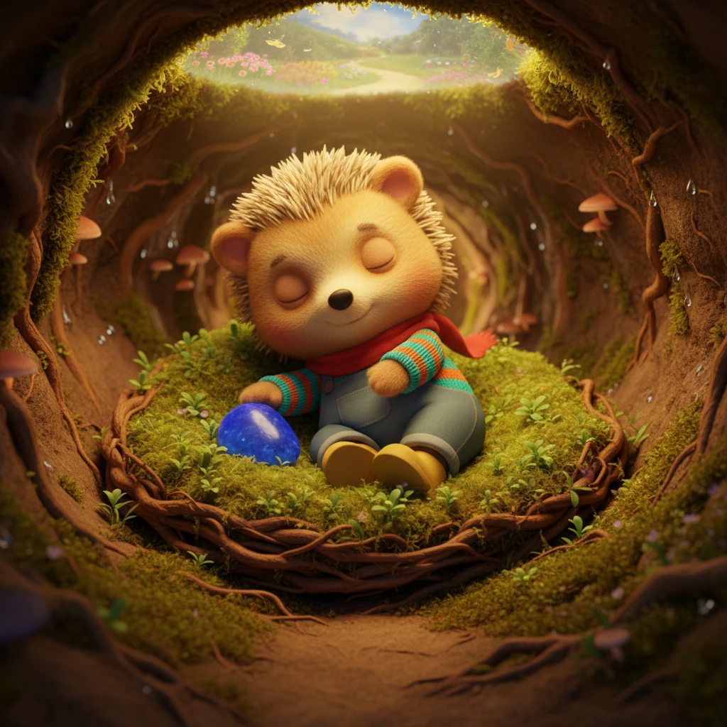 Back in the comfort of his burrow, Pip gently places the blue pebble on a soft bed of moss. He curls up beside it, the cool stone a comforting presence in the warm, earthy darkness. As he drifts to sleep, dreams of sunlit gardens and future discoveries fill his mind.