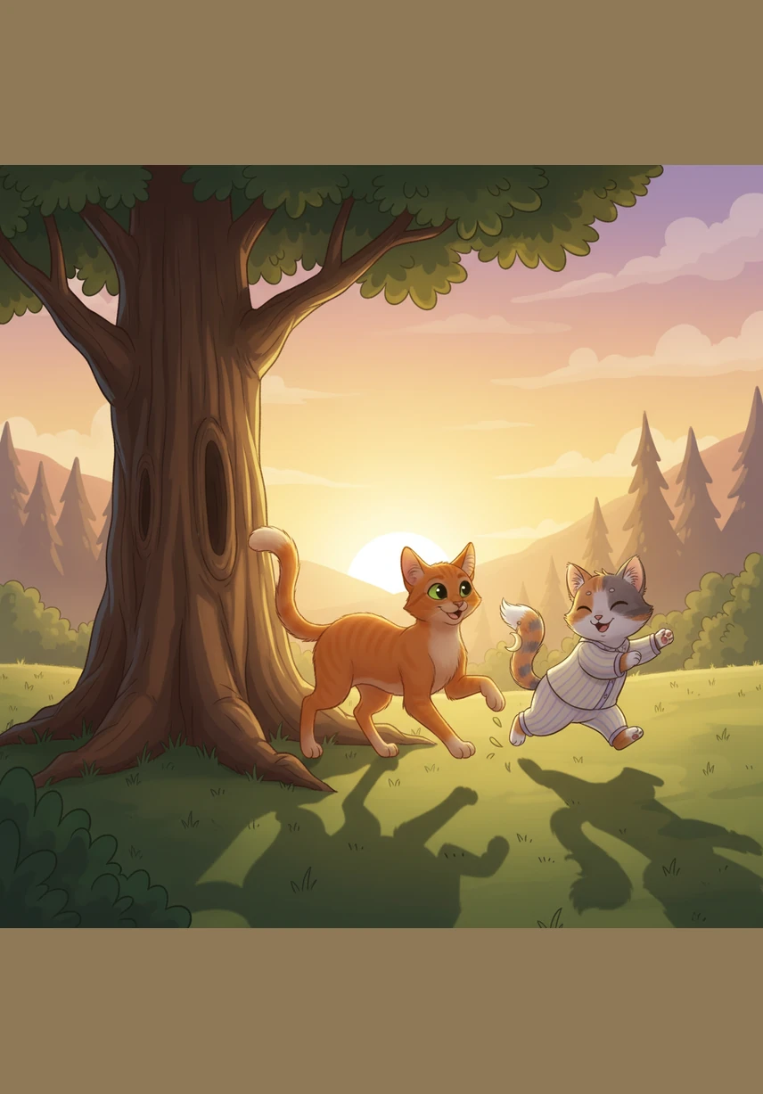 Under the golden glow of the setting sun, Oliver the ginger cat and his best friend Luna chase each other around the wide trunk of an ancient oak tree. Their paws patter softly on the grass as they weave through the long, dancing shadows of the late afternoon.