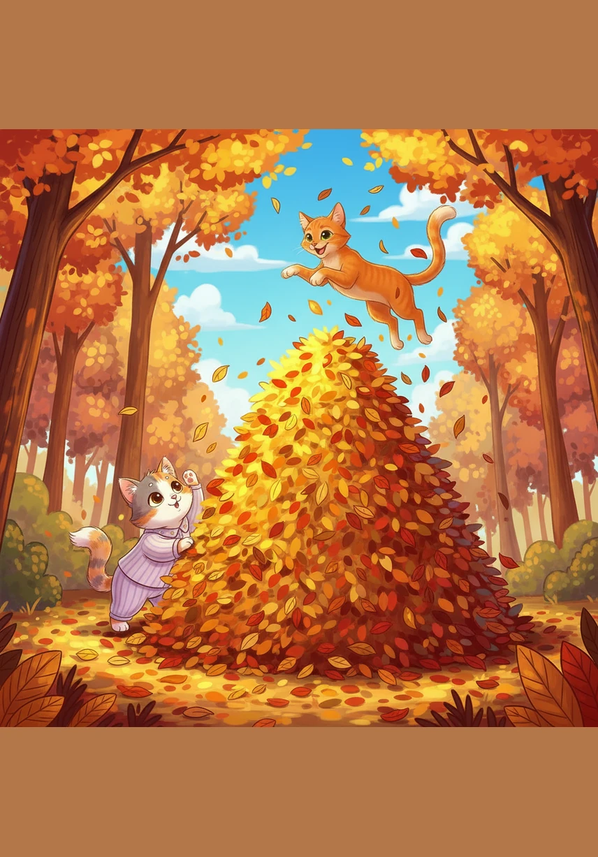 The two friends find a pile of crisp, fallen leaves and take turns pouncing into the colorful heap with joyful leaps. Luna hides behind a thick, mossy root, her tail twitching with excitement before she jumps out to surprise Oliver in a flurry of orange and brown leaves.