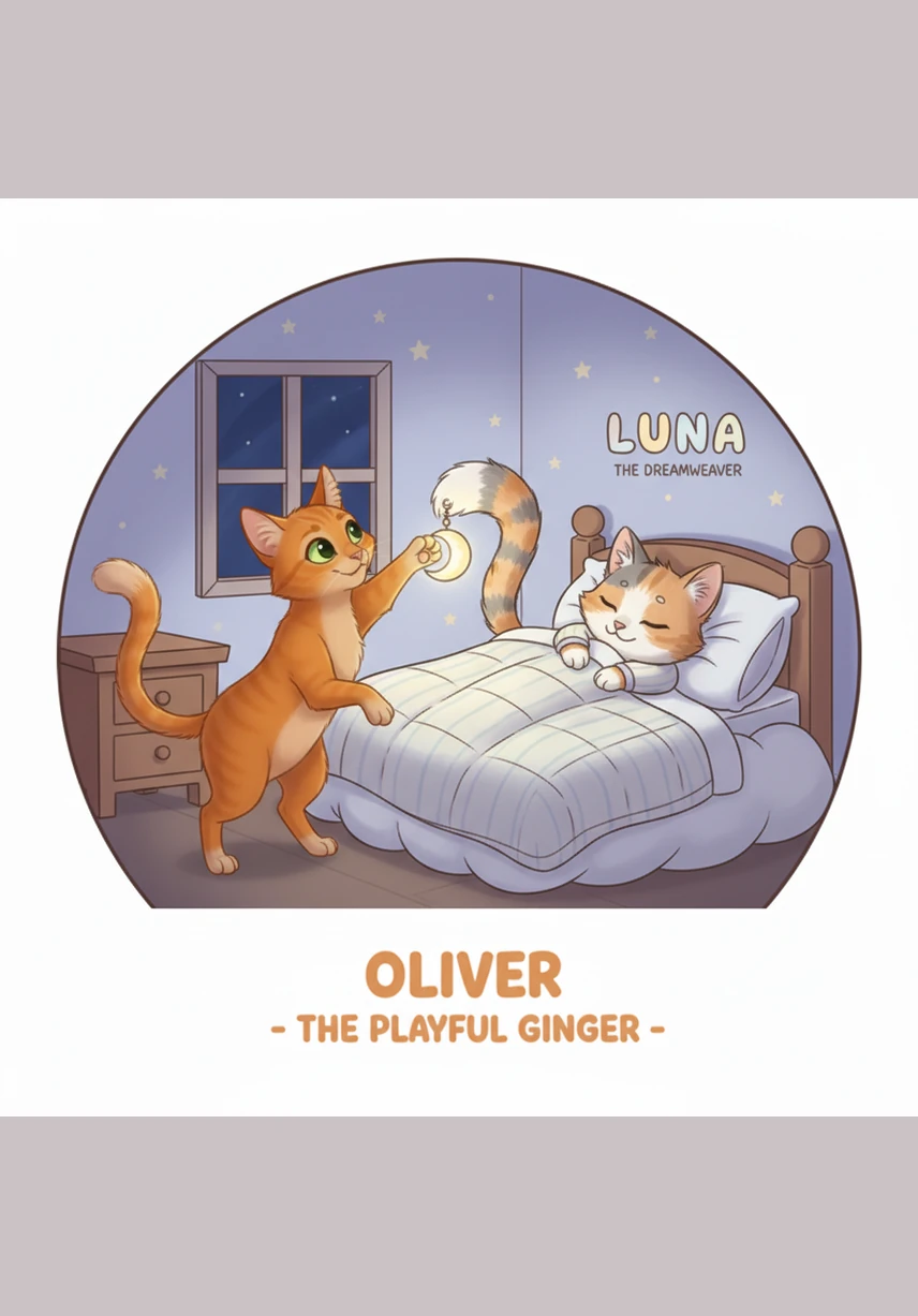 As the first stars begin to shimmer in the deep purple sky, Oliver and Luna climb onto a low, sturdy branch to watch the fireflies emerge. The tiny glowing lights drift around them like magical dust, casting a soft, enchanting sparkle on their curious whiskers.