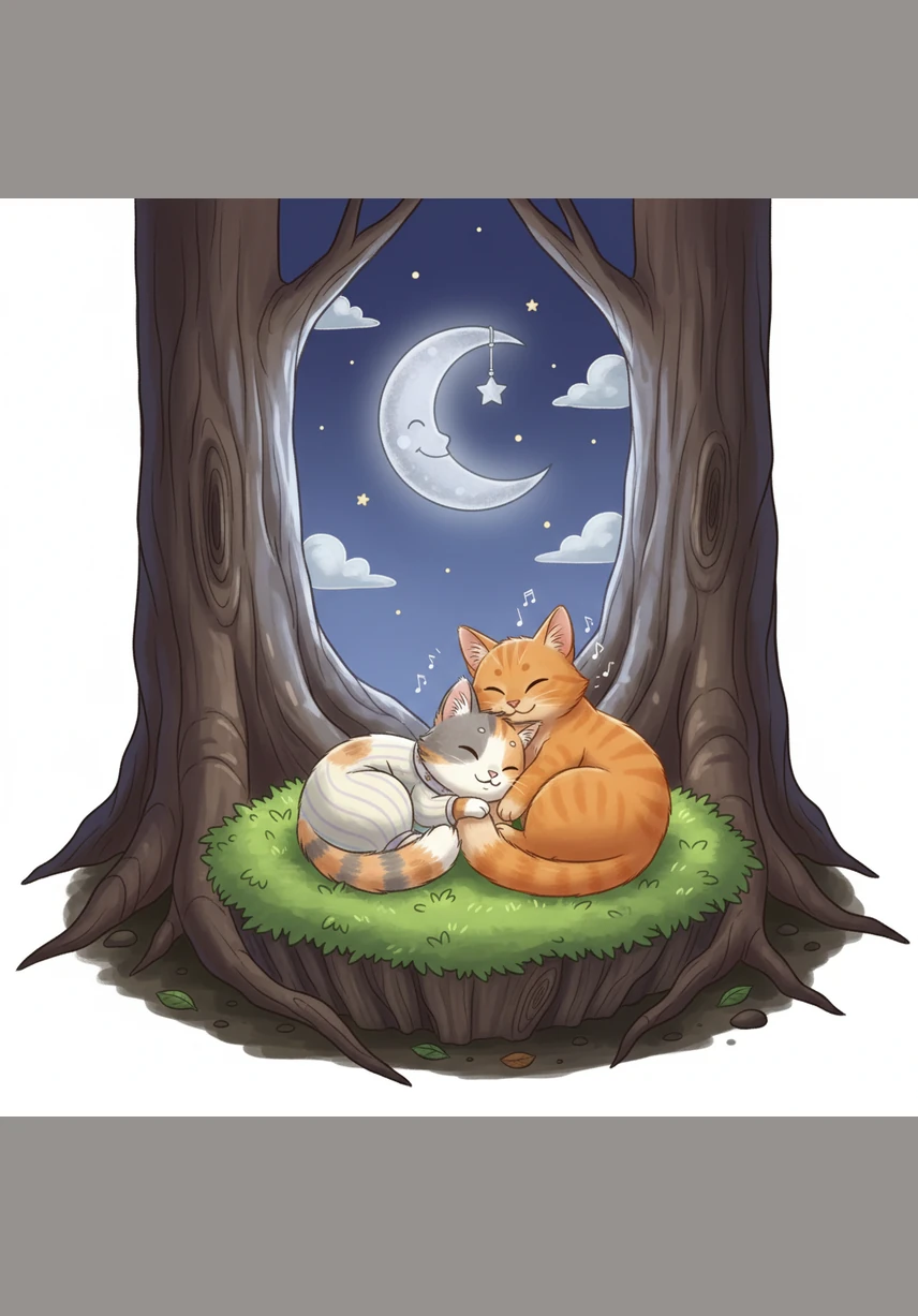 Tired from their twilight games, the two cats climb down and find a cozy patch of soft moss nestled safely between the tree's roots. They curl up together in a warm, furry circle, purring softly as the silver moon watches over them during their peaceful sleep.