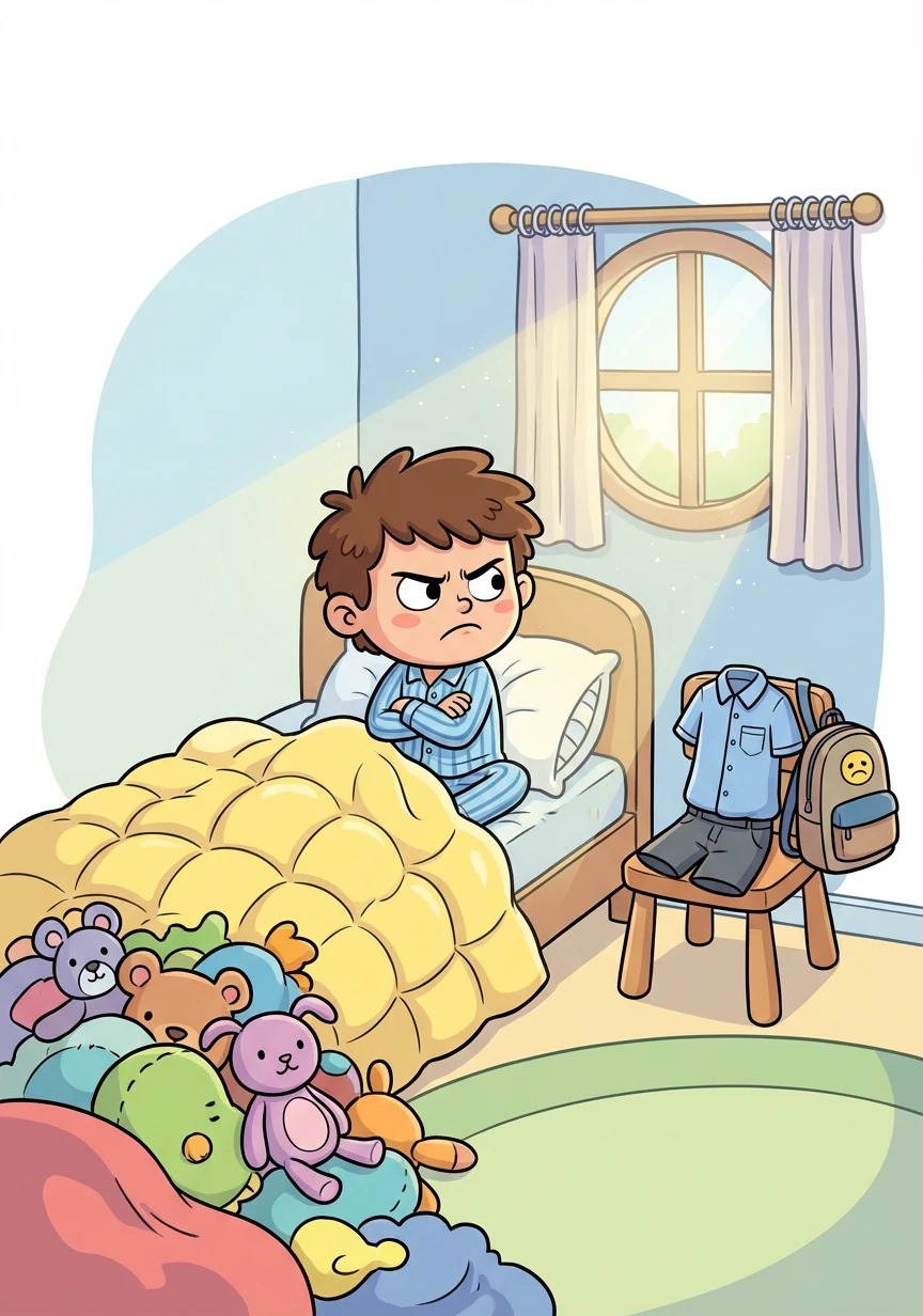 Lucas acordou emburrado. Mais um dia de escola! Ele odiava estudar e preferia ficar em casa brincando.