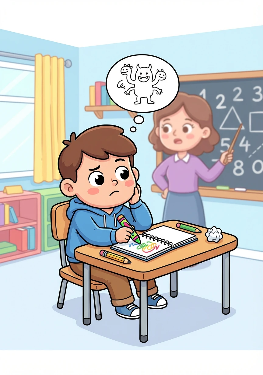 Na sala de aula, Lucas rabiscava o caderno em vez de prestar atenção na professora. A matemática parecia um bicho de sete cabeças.