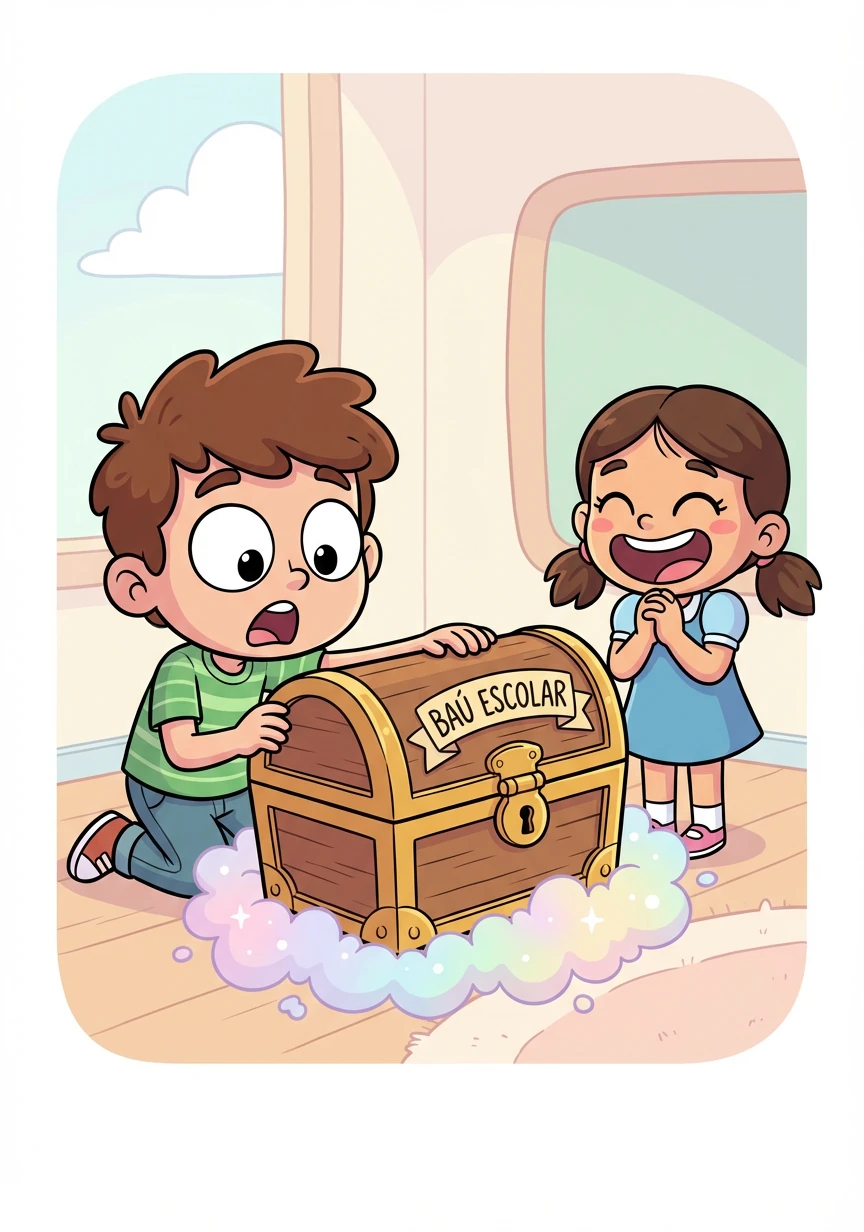 De repente, um baú antigo apareceu no meio da sala. Era o 'Baú Escolar', cheio de surpresas!