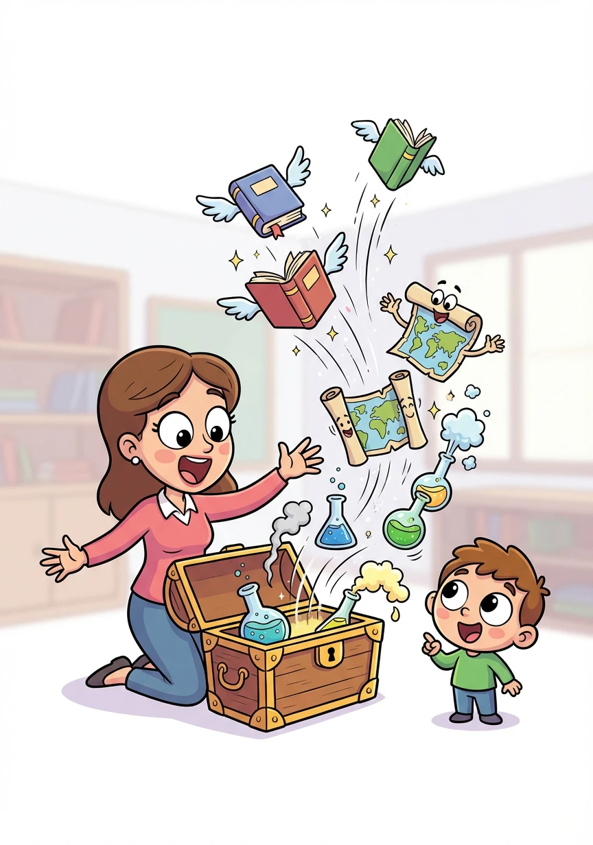 A professora abriu o baú e de lá saíram livros voadores, mapas falantes e experimentos científicos borbulhantes.