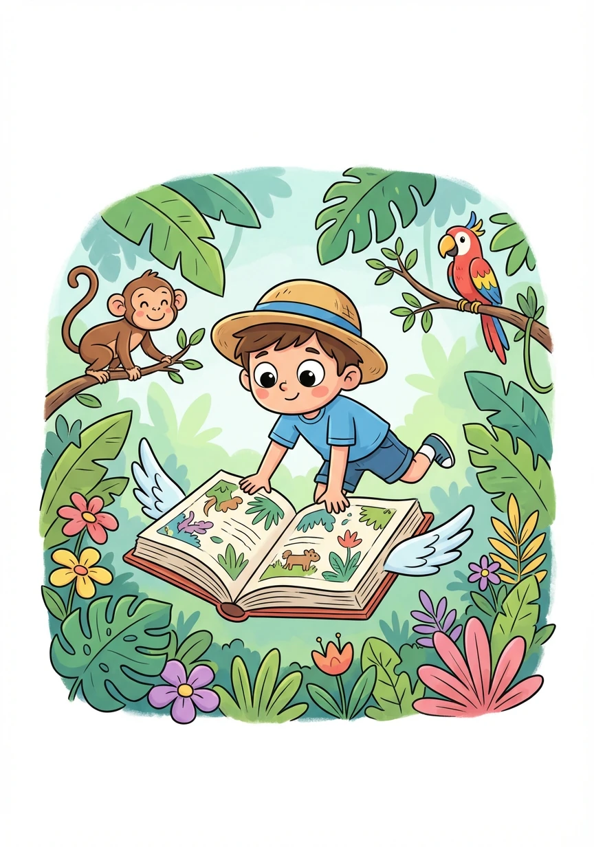 Lucas, curioso, pegou um livro voador. Ele o levou para uma aventura na selva amazônica, aprendendo sobre a natureza.