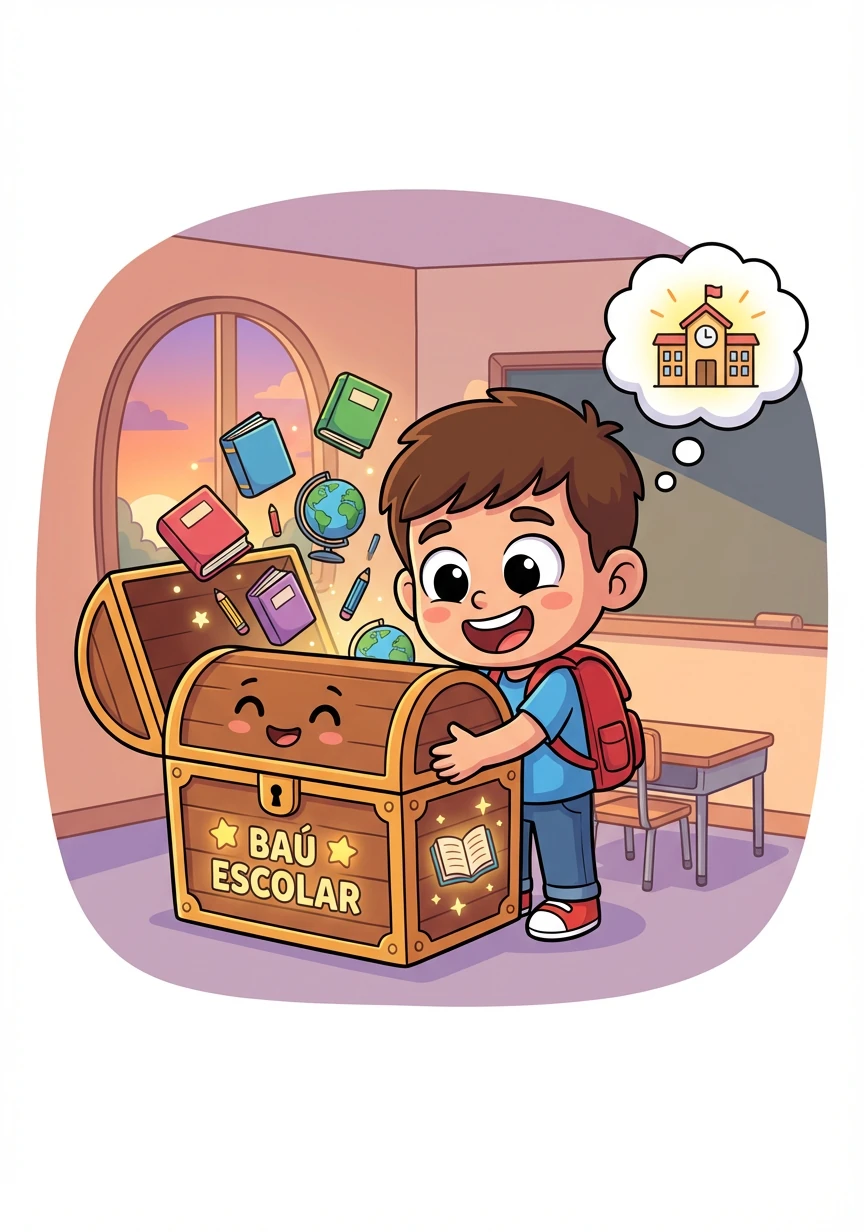 No fim do dia, Lucas agradeceu ao Baú Escolar por mostrar a magia do aprendizado. Ele mal podia esperar pelo próximo dia de aula.