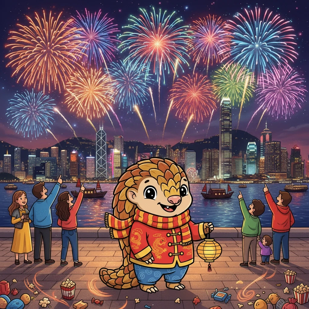 First, Darwin visited Victoria Harbour, where the sky was filled with the vibrant colours of fireworks. He watched in amazement as the dazzling display lit up the night, feeling the thrill of the celebration all around him. The air filled with the smell of sweet treats.