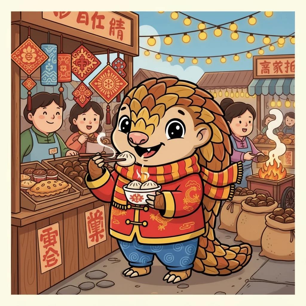 Darwin ventured into a traditional market filled with delicious treats and festive decorations. He tasted sweet dumplings and admired the intricate paper cuttings. The aroma of roasted chestnuts filled the air, making his mouth water.