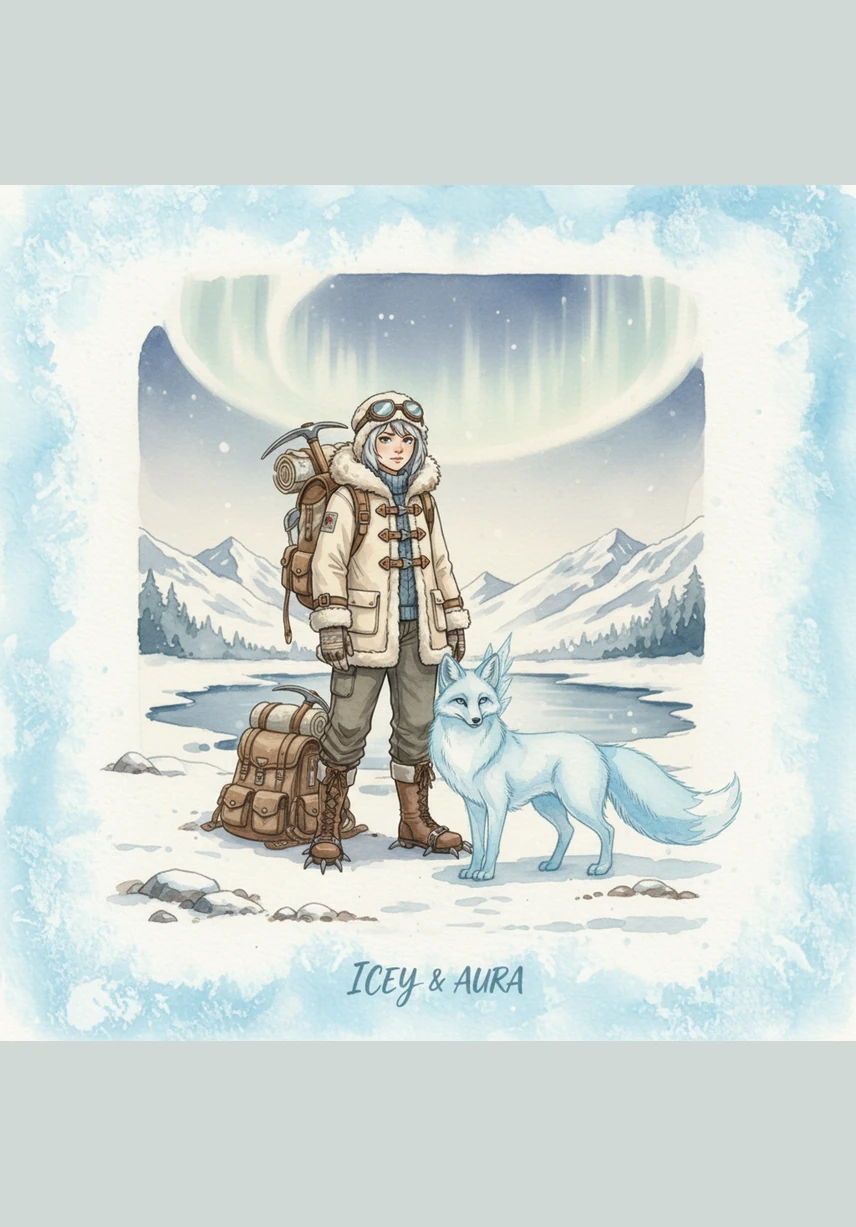 Icey stands at the edge of a vast, silent world where the horizon is dominated by massive glaciers in every imaginable shade of blue. Wearing a sleek, tech-enhanced winter suit, the young explorer gazes out at the shimmering indigo peaks that glow under a pale sun. The air is crisp, and the ground beneath is a polished mirror of translucent ice.