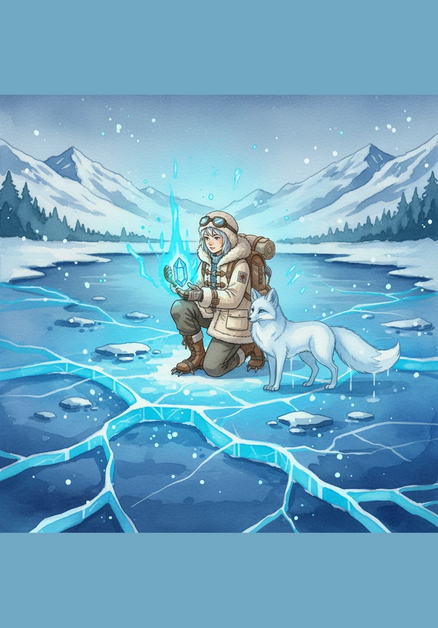 With a careful touch, Icey claims the shard, and a surge of electric blue energy ripples across the landscape. Giant cracks in the glaciers fill with liquid light, turning the frozen wasteland into a network of glowing pathways. The deep navy shadows of the valley are chased away by a vibrant, neon luminescence.