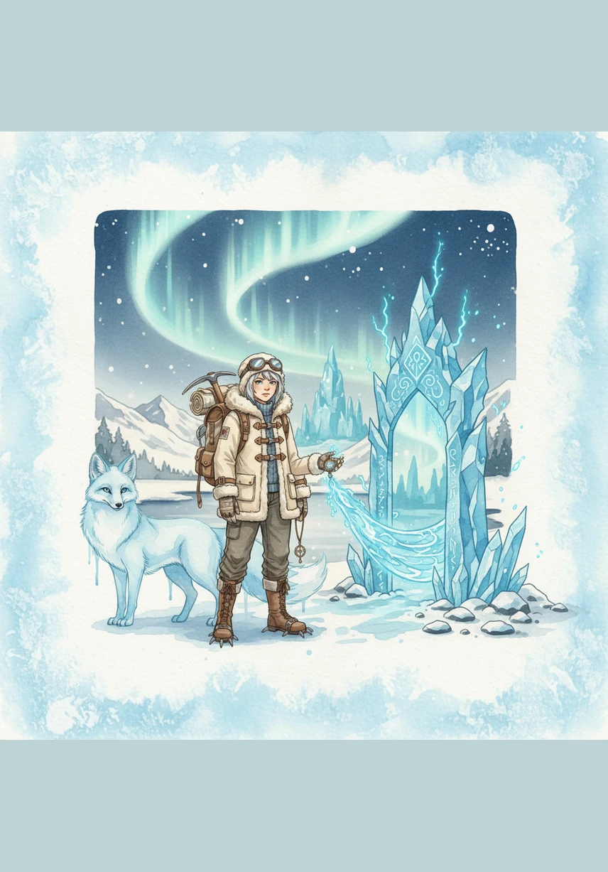 Icey uses a high-tech gauntlet to channel the power of the crystal, manifesting digital tools that interact with the physical ice. A grand archway of frosted glass and light begins to form, marking the entrance to a hidden realm. The explorer moves forward with determination, leaving glowing footprints on the frozen ground.