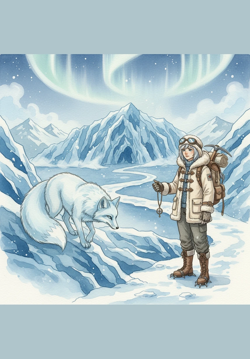 A majestic ice fox with fur like falling snow and eyes like bright turquoise gems emerges from behind a jagged ridge. The creature bows its head in recognition, offering to guide Icey through the labyrinth of shifting glaciers. Together, they venture deeper into the heart of the blue wilderness, where the air smells of ozone and winter.