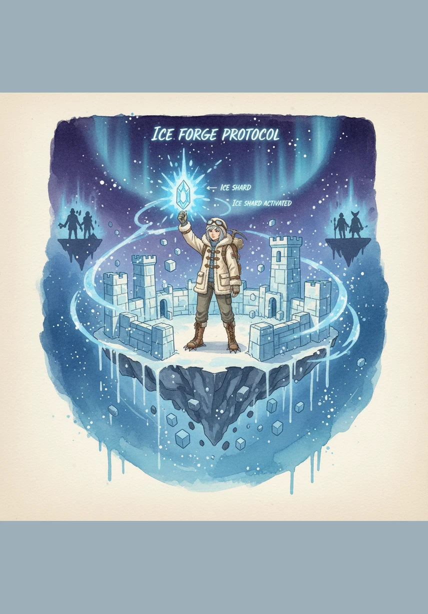 Using the power of the shard, Icey begins to construct a digital fortress that blends seamlessly with the ancient ice. Blocks of solid light snap into place, forming sleek balconies and observation decks that overlook the frozen sea. The fox watches from a nearby ledge as the dream of Icey2RCD takes physical form.