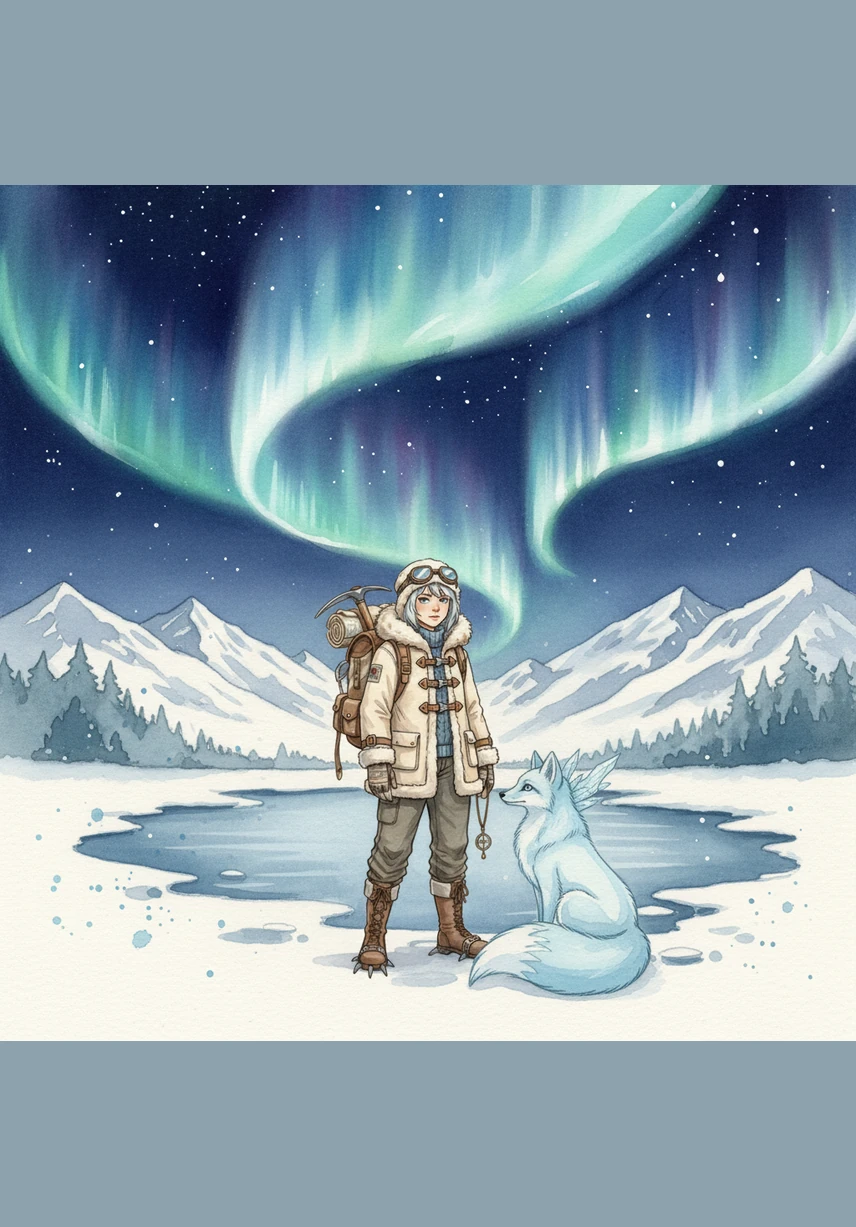 As night falls, the sky explodes with a breathtaking aurora borealis that dances in ribbons of aquamarine and deep violet. The lights of the sky mirror the glowing patterns on the glaciers below, creating a world where heaven and earth are one. Icey stands on a high balcony, bathed in the ethereal radiance of the polar night.