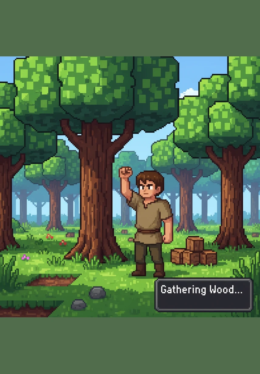 阿伦站在茂密的方块森林中，阳光透过树叶洒在翠绿的草地上。他挥动拳头采集木材，准备制作第一把木镐，开启他在这个无限世界的生存冒险。