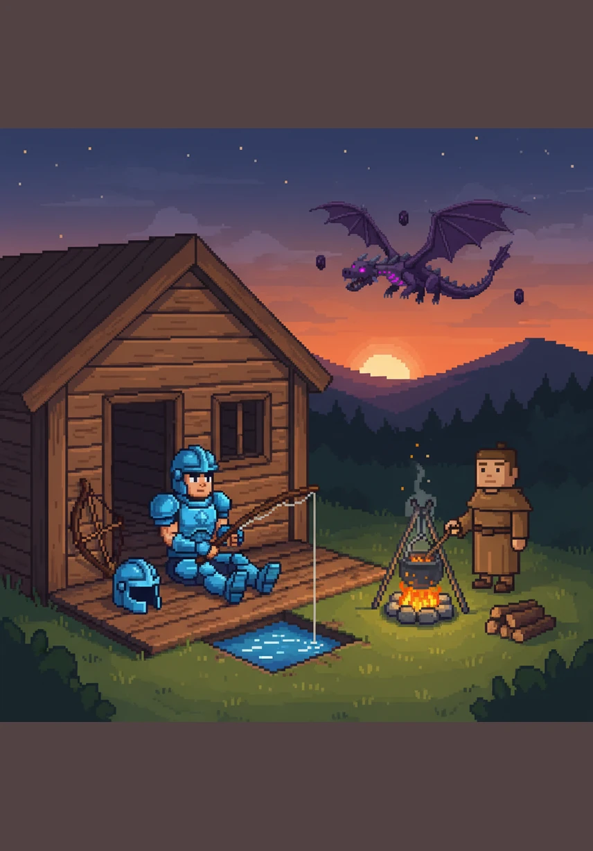 夜幕悄然降临，阿伦在山坡上匆忙搭建了一个简陋的小屋。窗外，绿色的苦力怕在黑暗中无声地徘徊，他坐在火炉旁，感受着木炭燃烧带来的温暖与安全。