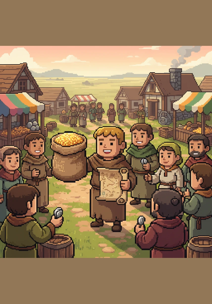 清晨，阿伦在辽阔的平原上发现了一个热闹的村庄。他与身穿褐袍的村民们交换物资，用自己收获的小麦换取了一张通往神秘遗迹的古老地图。