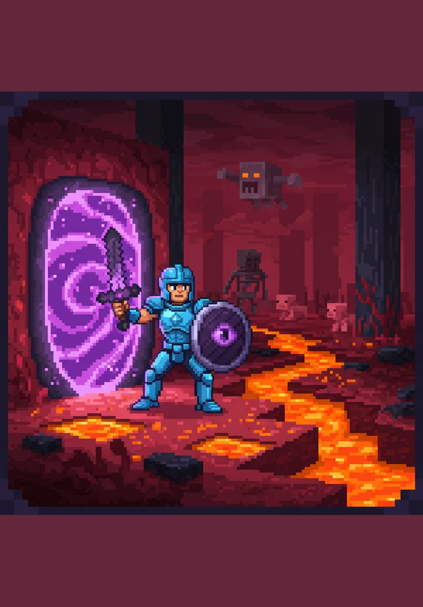 穿过传送门，阿伦来到了炽热而危险的下界。这里到处是流动的岩浆和红色的地狱岩，巨大的恶魂在空中漂浮，发出刺耳的尖叫声，考验着他的胆量。