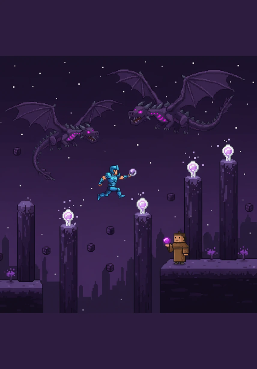 终极挑战终于来临，阿伦踏入了荒凉的末地，直面翱翔在空中的末影龙。他在黑曜石柱间灵活穿梭，拉满长弓，向着巨大的黑龙射出决定胜负的一箭。