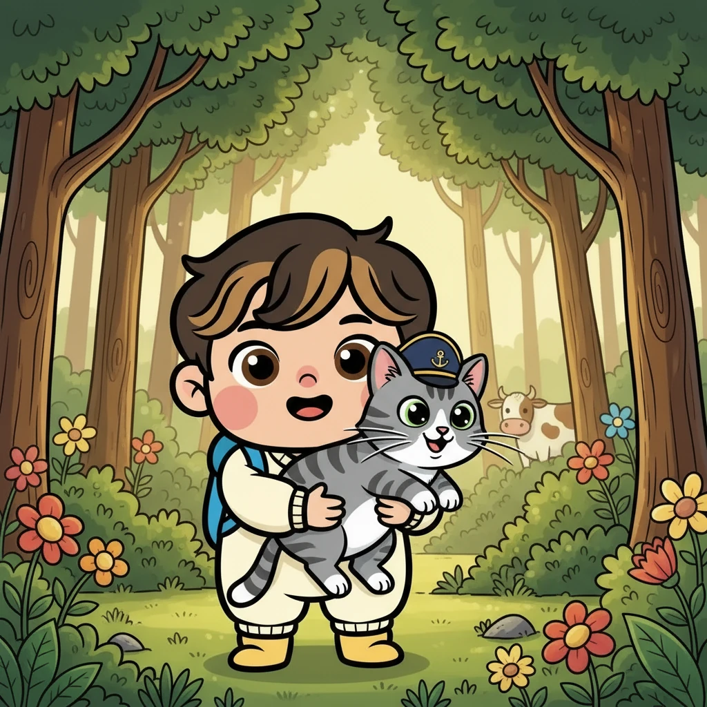 Baby Taehan, with his bright eyes and curious smile, held his best friend, Captain Nacho, close. Captain Nacho, a big grey tabby, twitched his whiskers excitedly. "There's a cow in the forest, Taehan!" he meowed, and so their quest began.