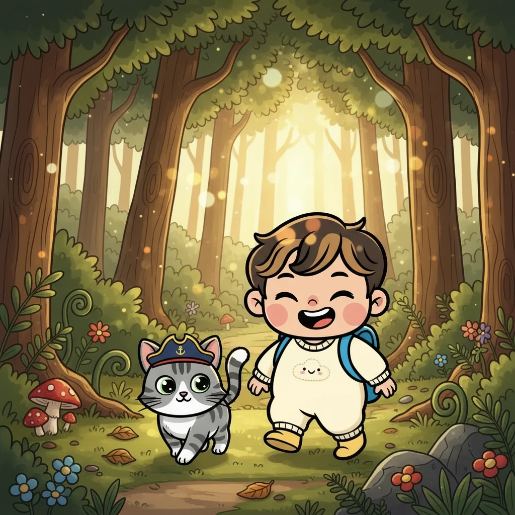 They entered the forest, the sunlight dappling through the leaves. Taehan giggled as Captain Nacho led the way, his tail swishing with purpose. The air smelled of earth and unknown wonders, and the forest floor was soft beneath their feet.