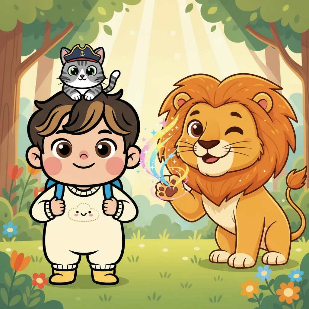 Suddenly, a magnificent lion appeared before them! Captain Nacho puffed up, ready to defend Taehan. But the lion, whose name was Leo, simply smiled, revealing a friendly face. Leo winked and then performed a magical trick.