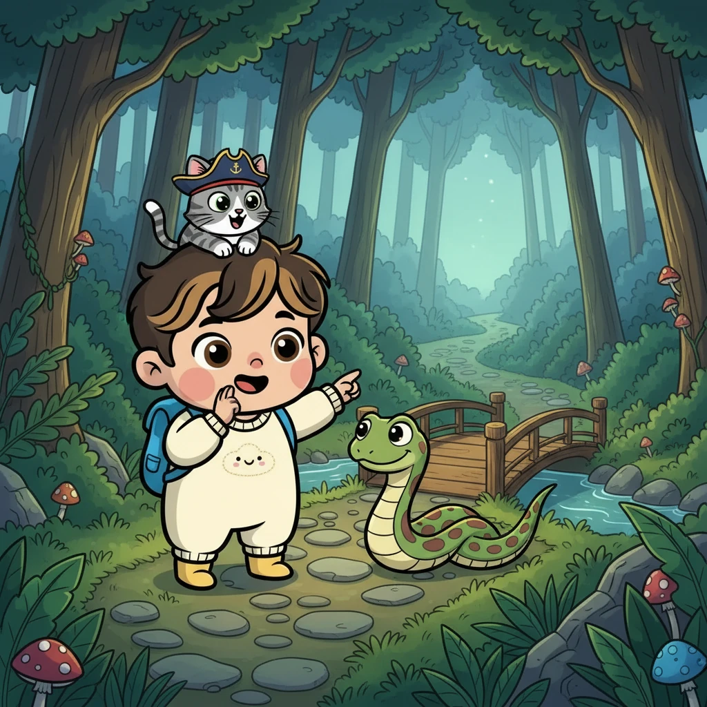 Leo showed them a hidden path, whispering that it led to the cow. They followed the path, and soon met a friendly snake named Slithers. Slithers slithered to a bridge and pointed them towards the direction of the cow.