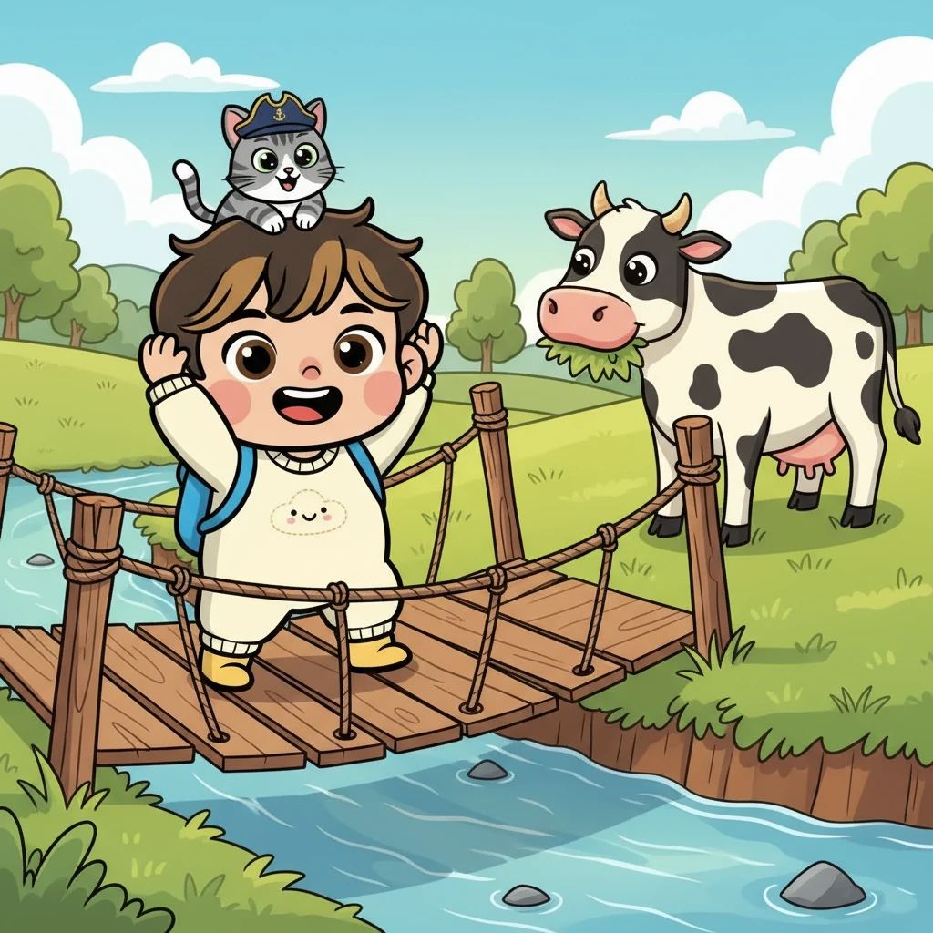 They crossed a wobbly bridge, Taehan holding on tight to Captain Nacho's fur. Finally, they saw her: Daisy the cow, peacefully munching on grass. Taehan cheered, his eyes sparkling with delight, as Daisy mooed a greeting.
