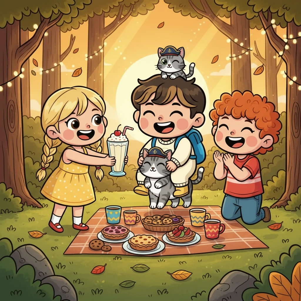 Daisy offered them a delicious vanilla milkshake, and they had a wonderful party. Taehan rode on Captain Nacho's back, feeling happy and loved. They all laughed together, celebrating their successful adventure in the forest.